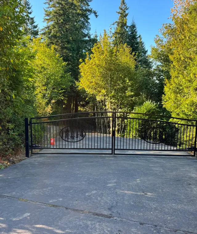 Black iron double swing driveway gate with tree motif and keypad, forested entrance — Interstate Gate Repair
