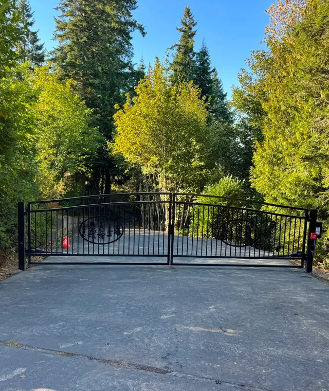 Black iron double swing driveway gate with tree design at forested rural driveway — Interstate Gate Repair