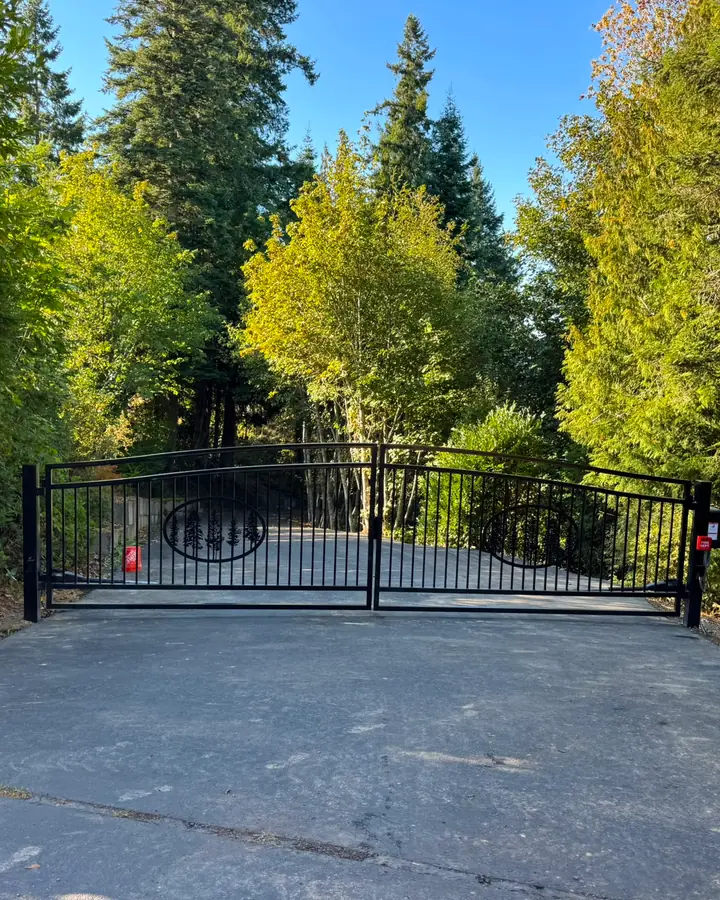 Black iron double swing driveway gate with tree design at forested rural driveway — Interstate Gate Repair