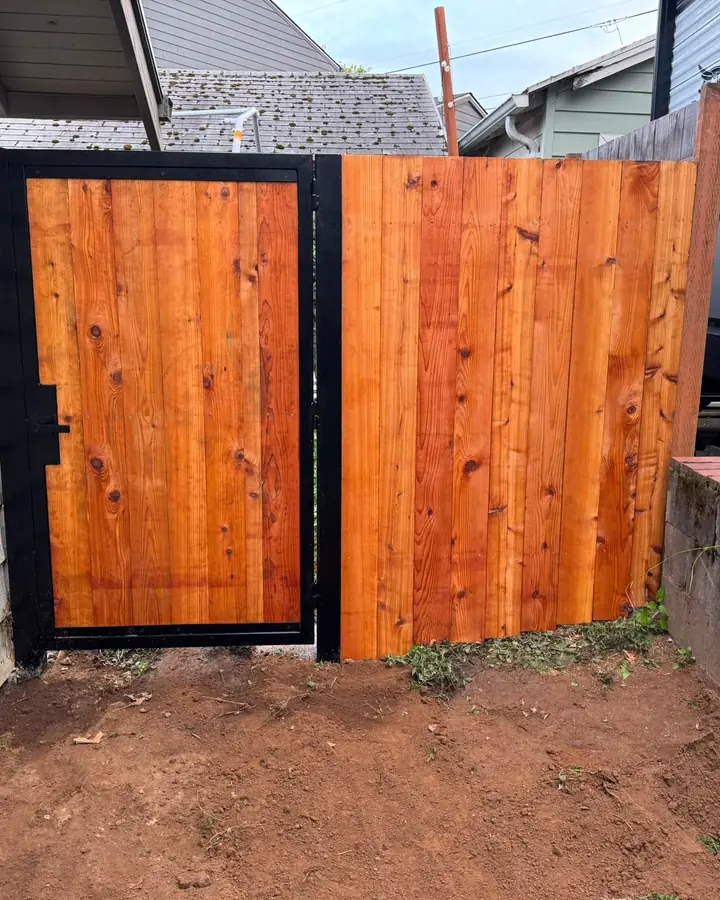 Cedar swing gate and matching fence panel in narrow side yard by RV — Interstate Gate Repair